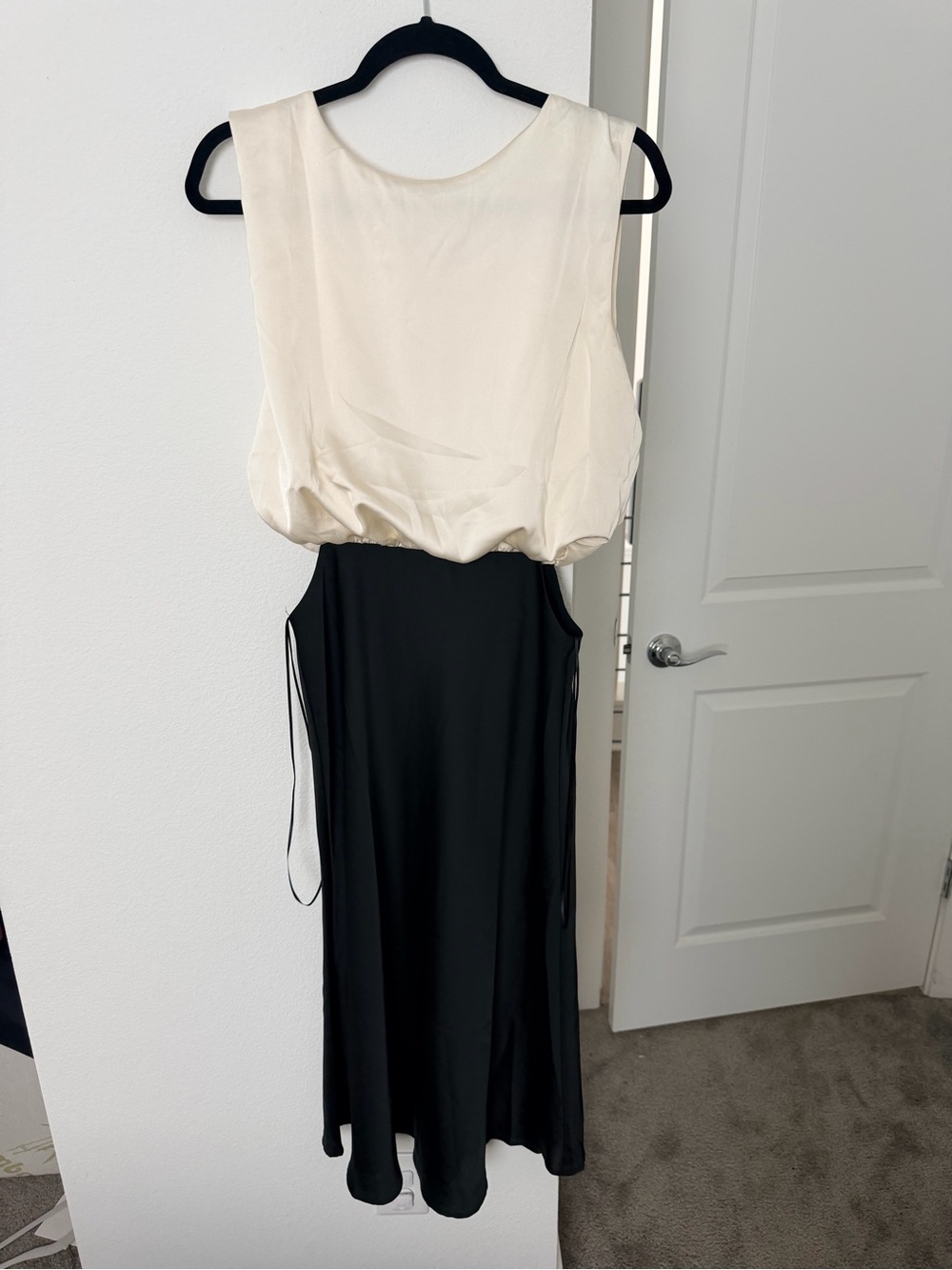 Lumiere Satin Black Ivory Colorblock Cutout Tie Back Midi Dress